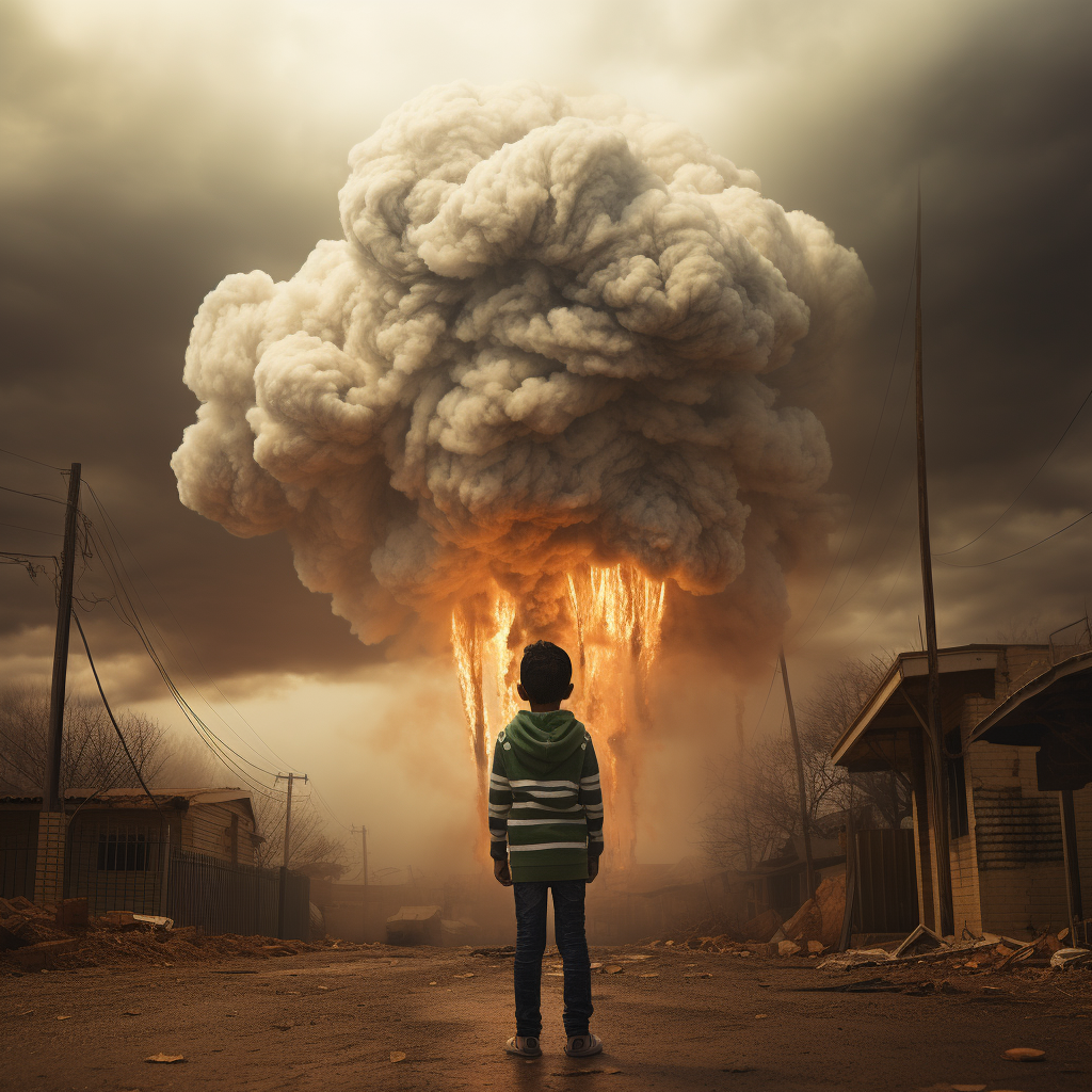 Kid waving flag with scary pumpkin and smoke in city