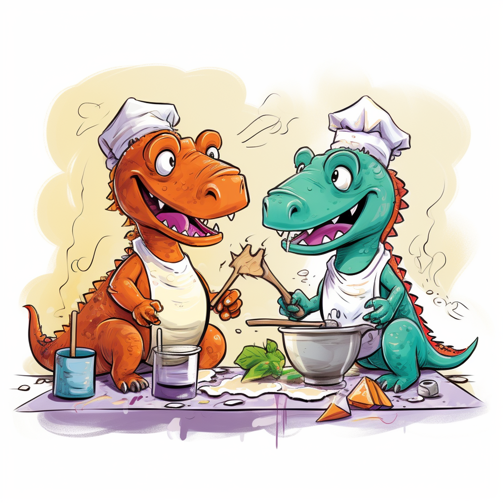 Cute dinosaurs cooking in kids' art