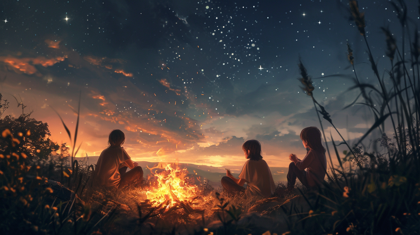 Kids sitting around bonfire under stary sky