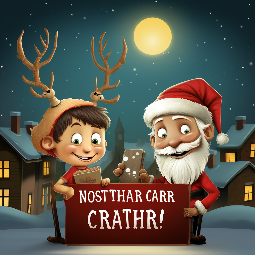 Cartoon Santa Claus and Reindeer in Funny Christmas Book