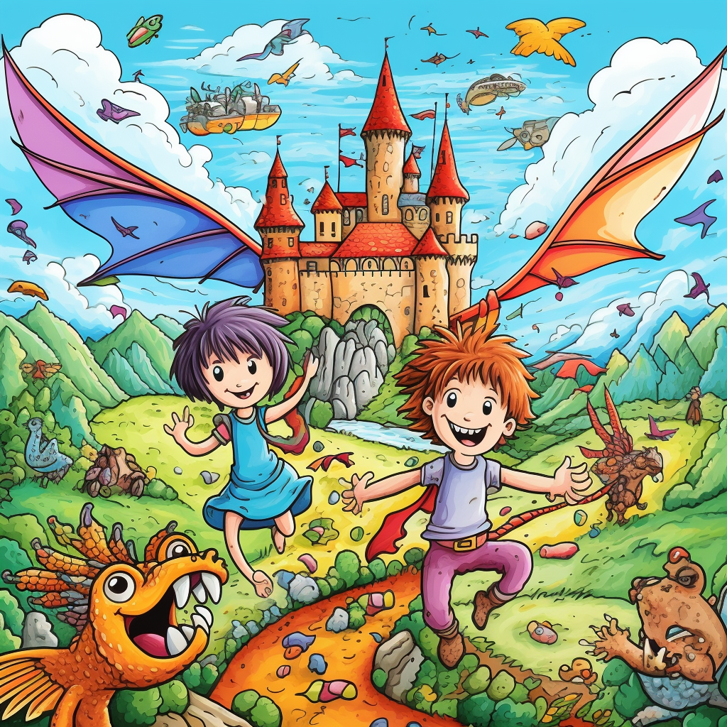 Cartoon kids fairies dragon castle