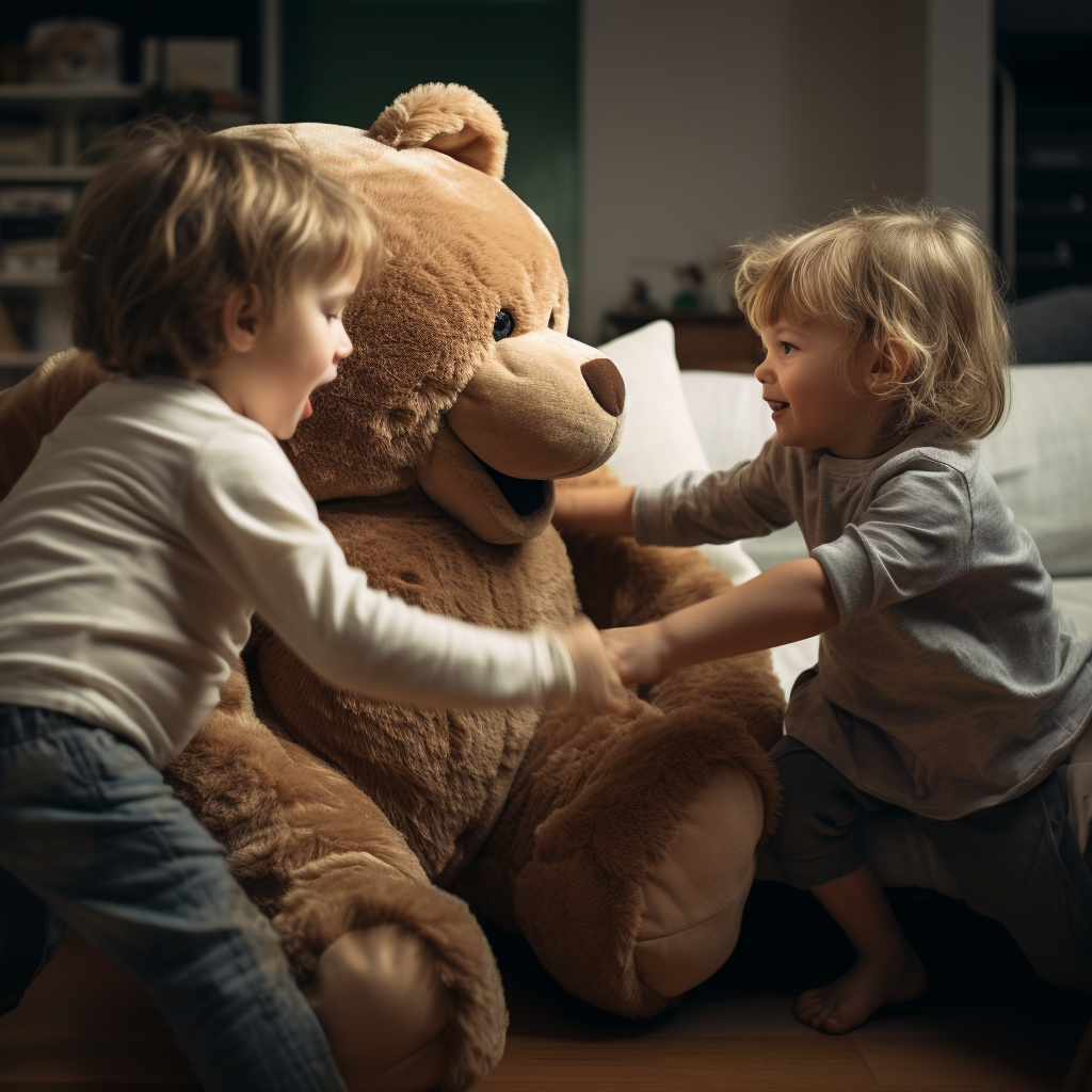 Two kids fighting over a teddy bear