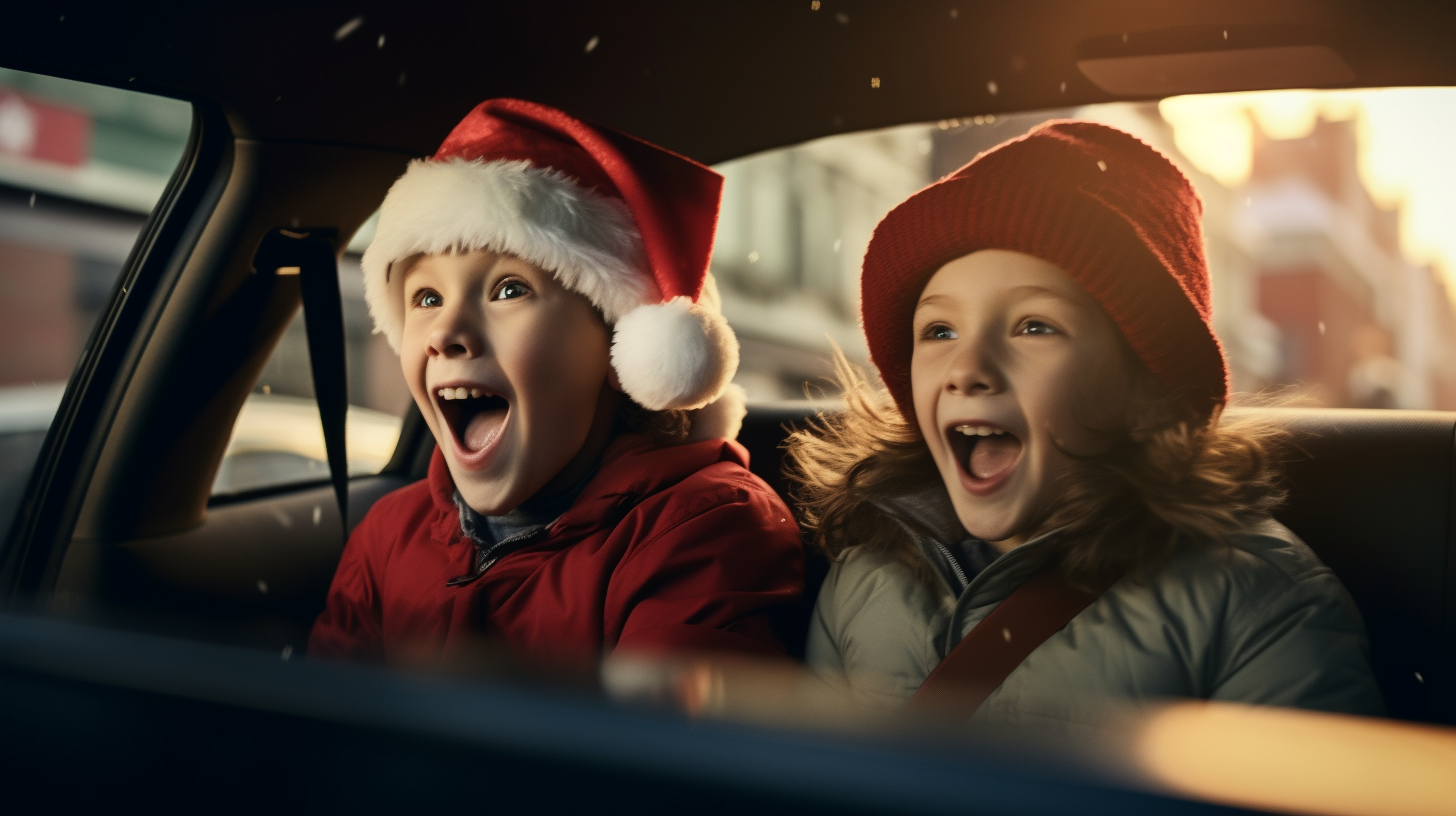 Two Kids Playfully Fighting with Santa Hats