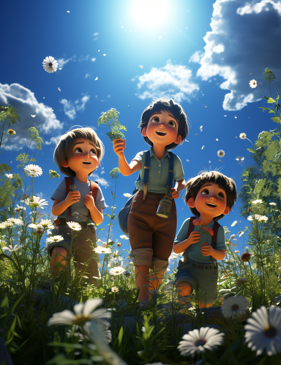 Three children watering plants outdoors