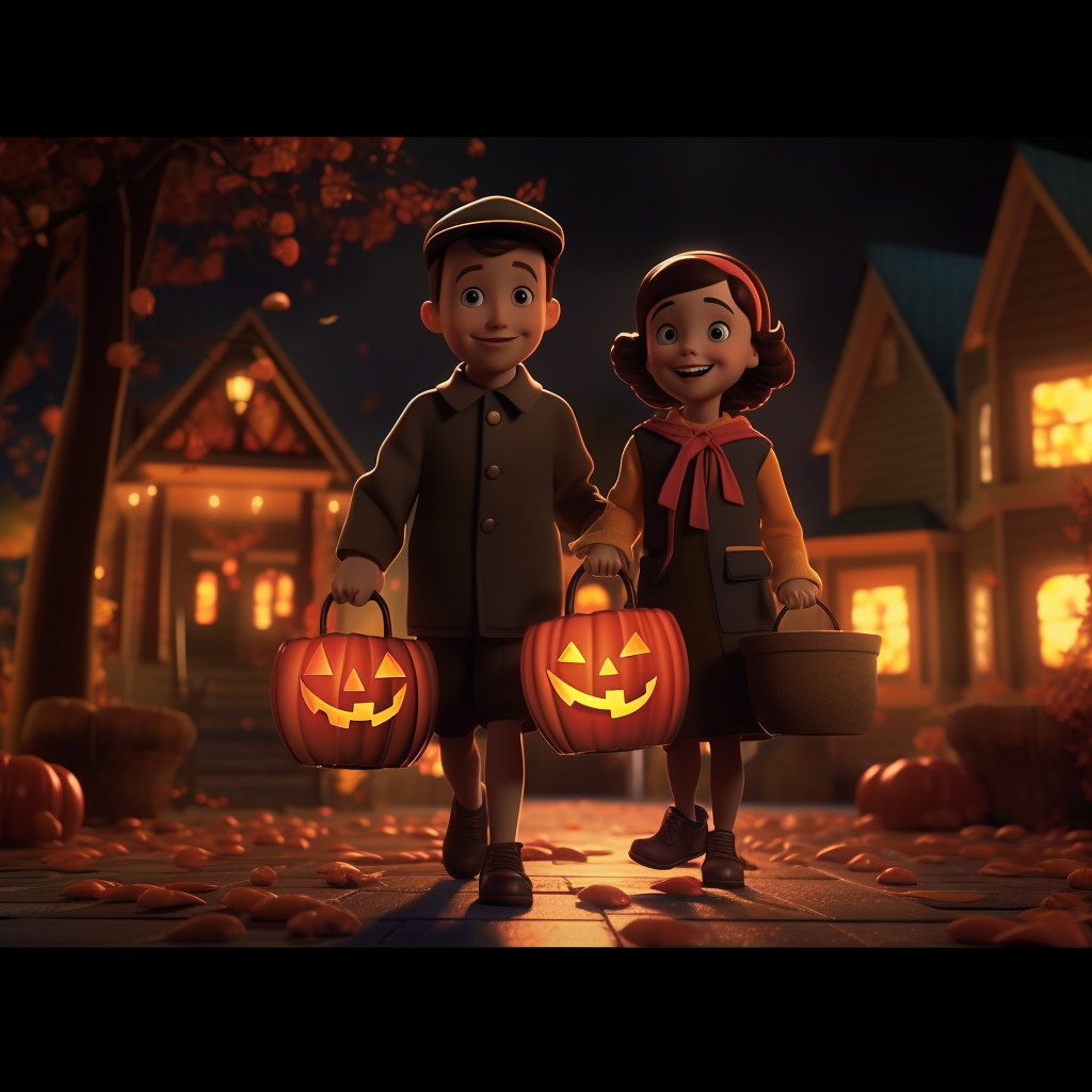 Kids enjoying Halloween candy in 2D animation