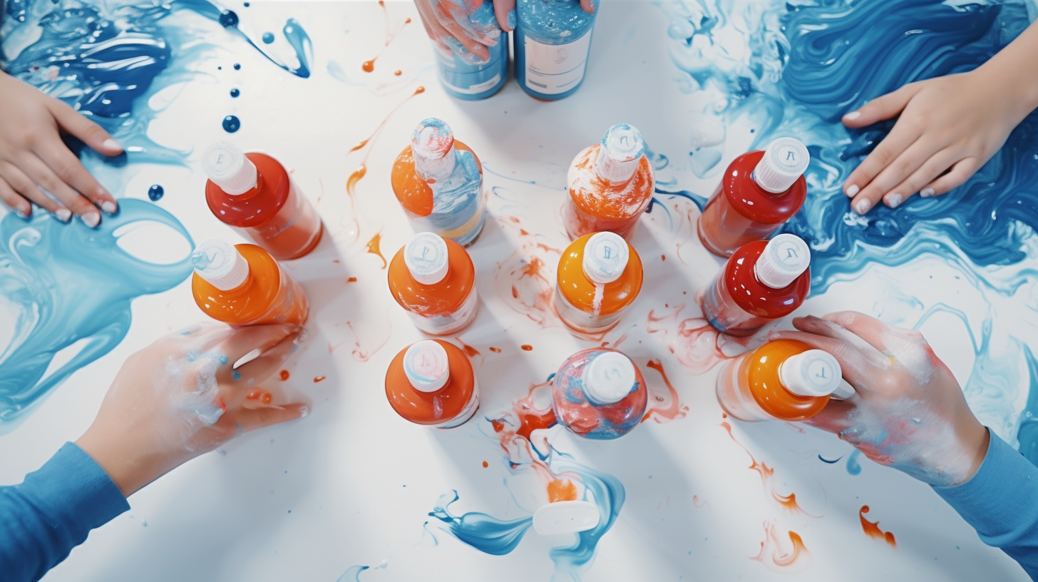 Kids hands painting with acrylic paint bottles