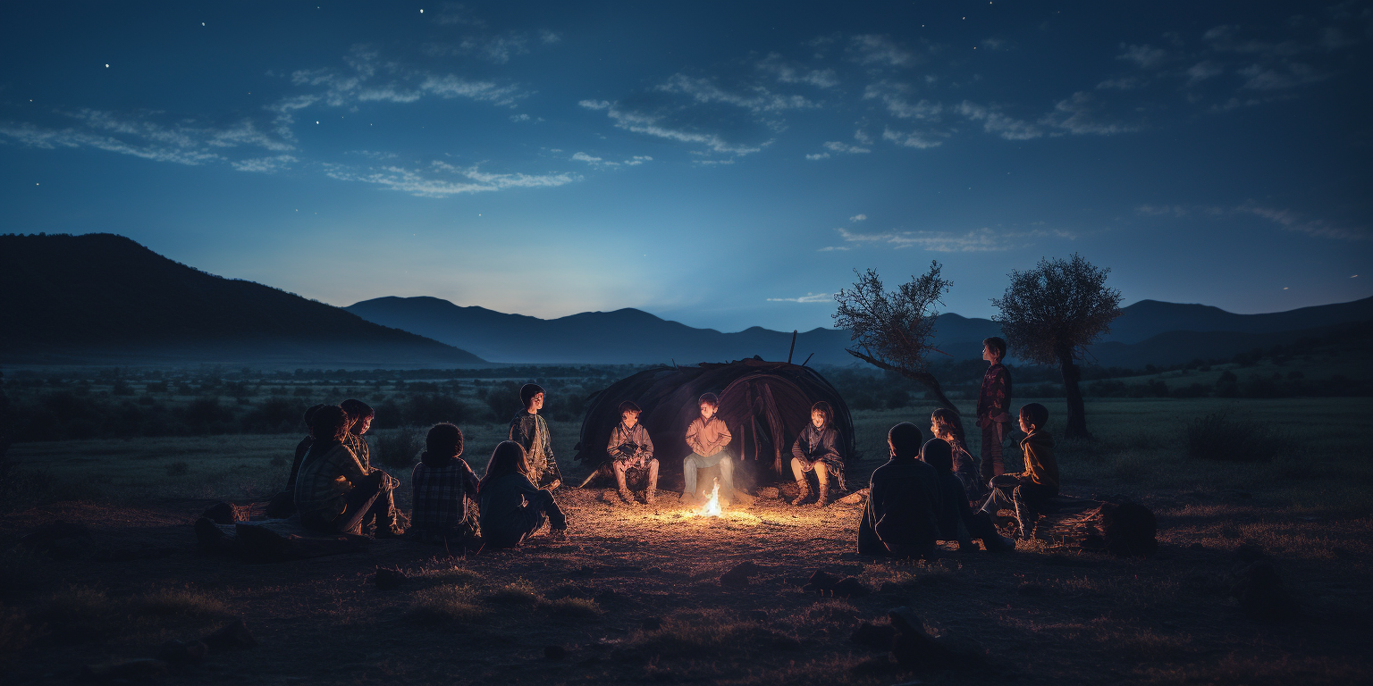 Children gathered around campfire with beam of light