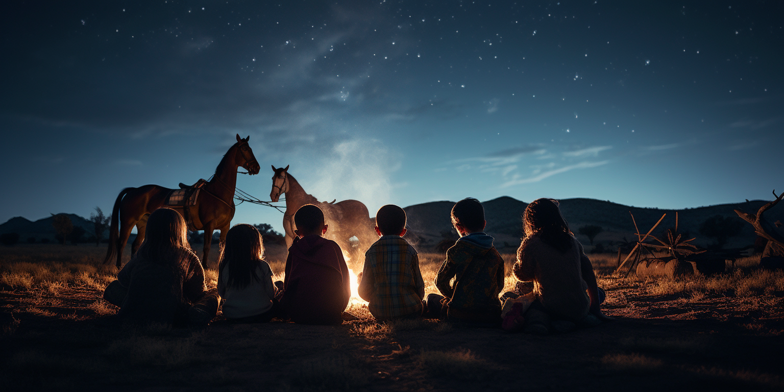 Kids on horses around a campfire under a beam of light