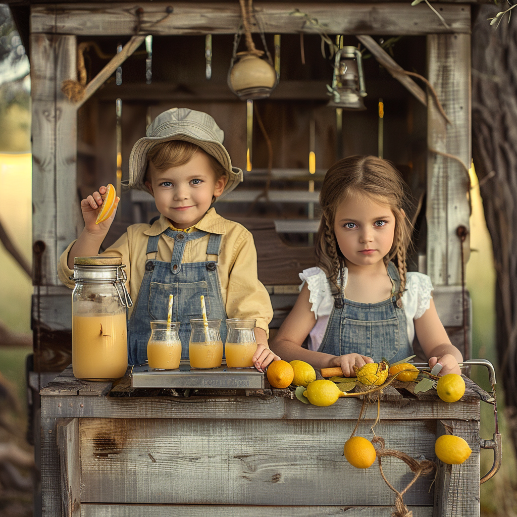 Two kids lemonade stand outdoors