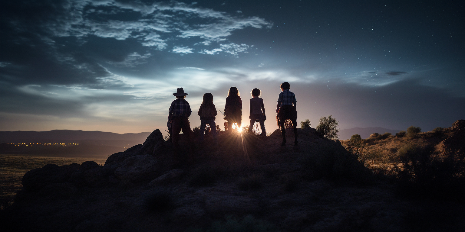 Children observing beam of light in dark landscape