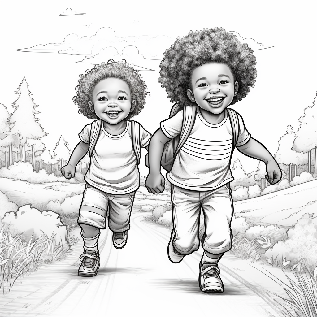 Black and white coloring page of two African American kids playing in nature and smiling