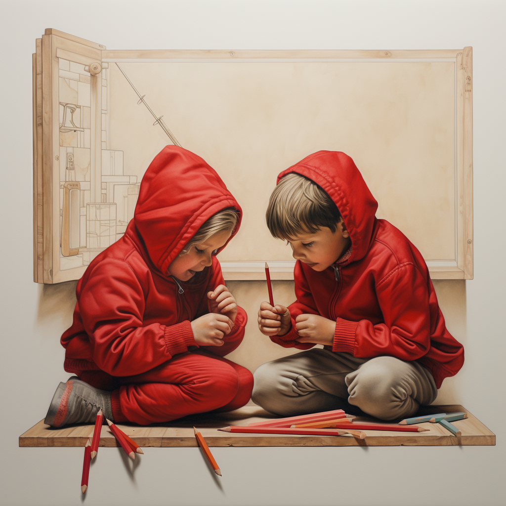 Two kids enjoying art with red pencils