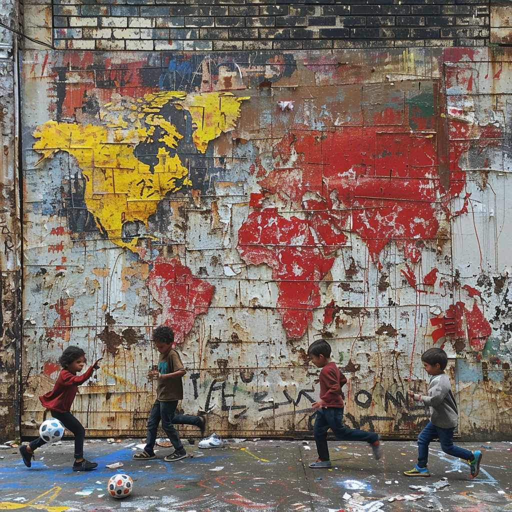 Children playing soccer Basquiat style