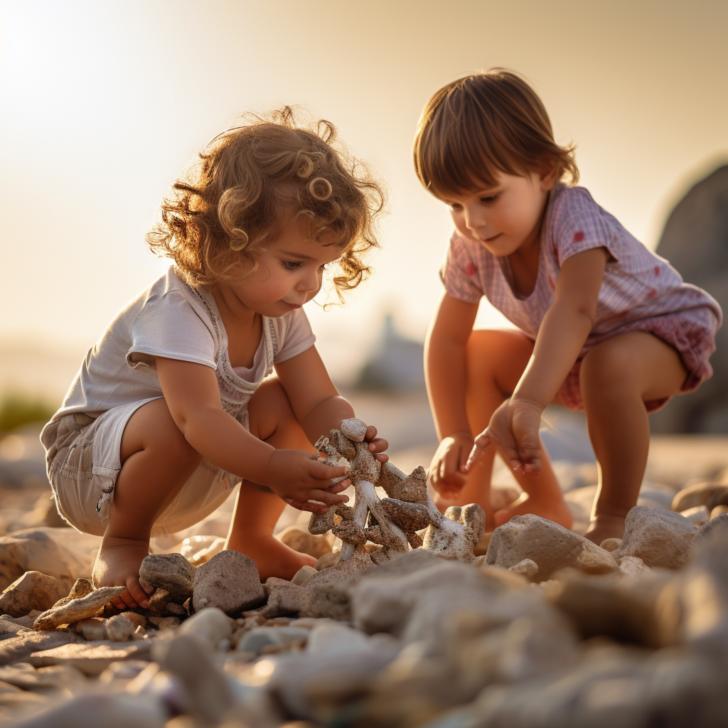 Kids playing with rocks in summertime