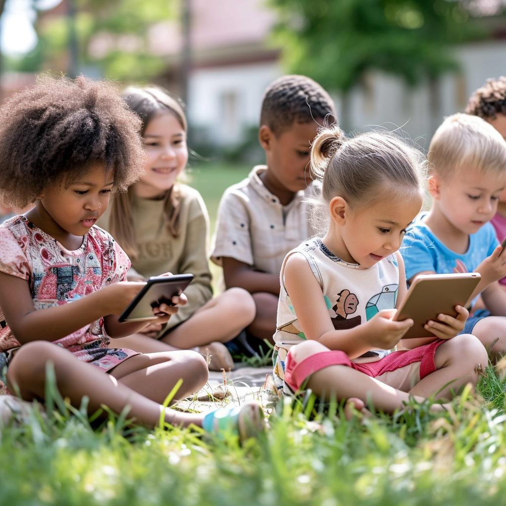 Kids of different races playing outside school