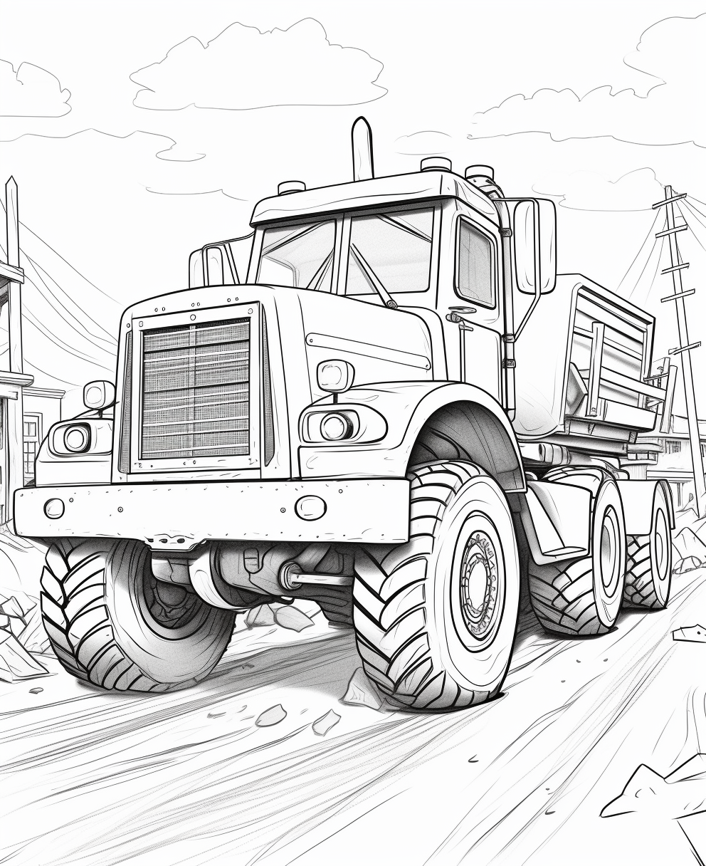 Cartoon-style road construction coloring page for kids