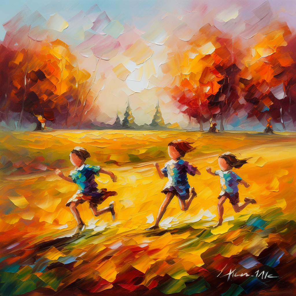 Kids running in field painting