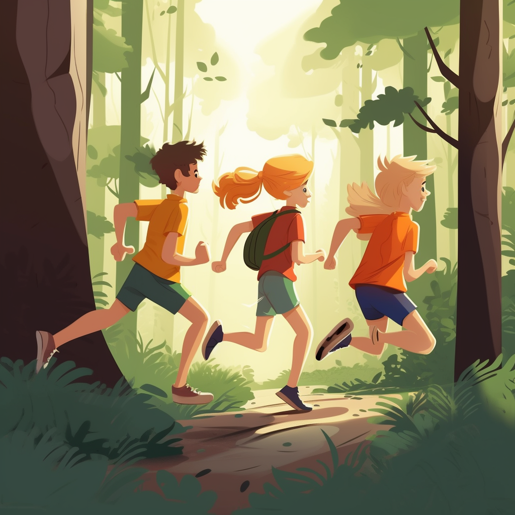 Three kids running through the woods