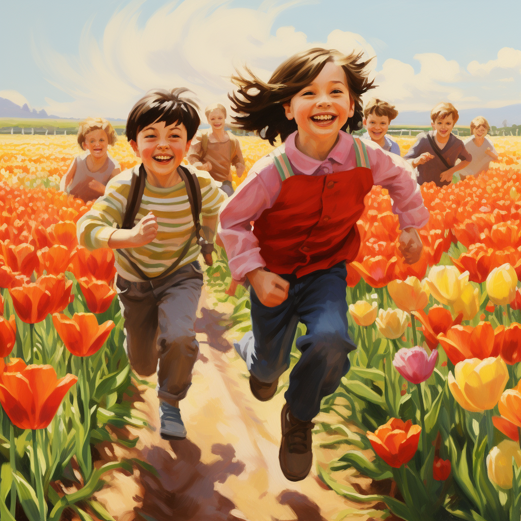 Happy kids running through tulip field