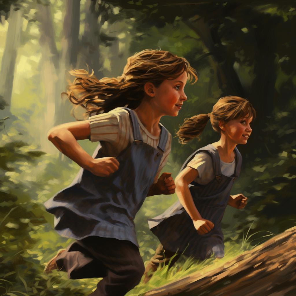 Three kids running in the woods