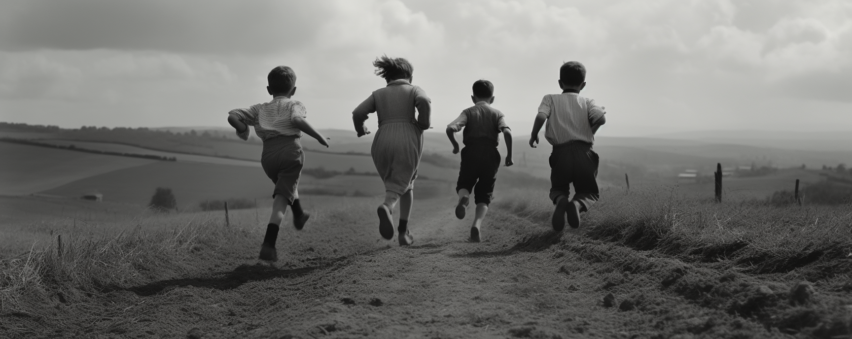 Children running up a high hill