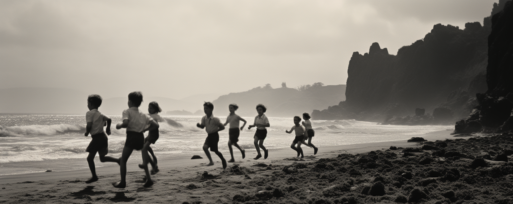 Children running up hill on a beach