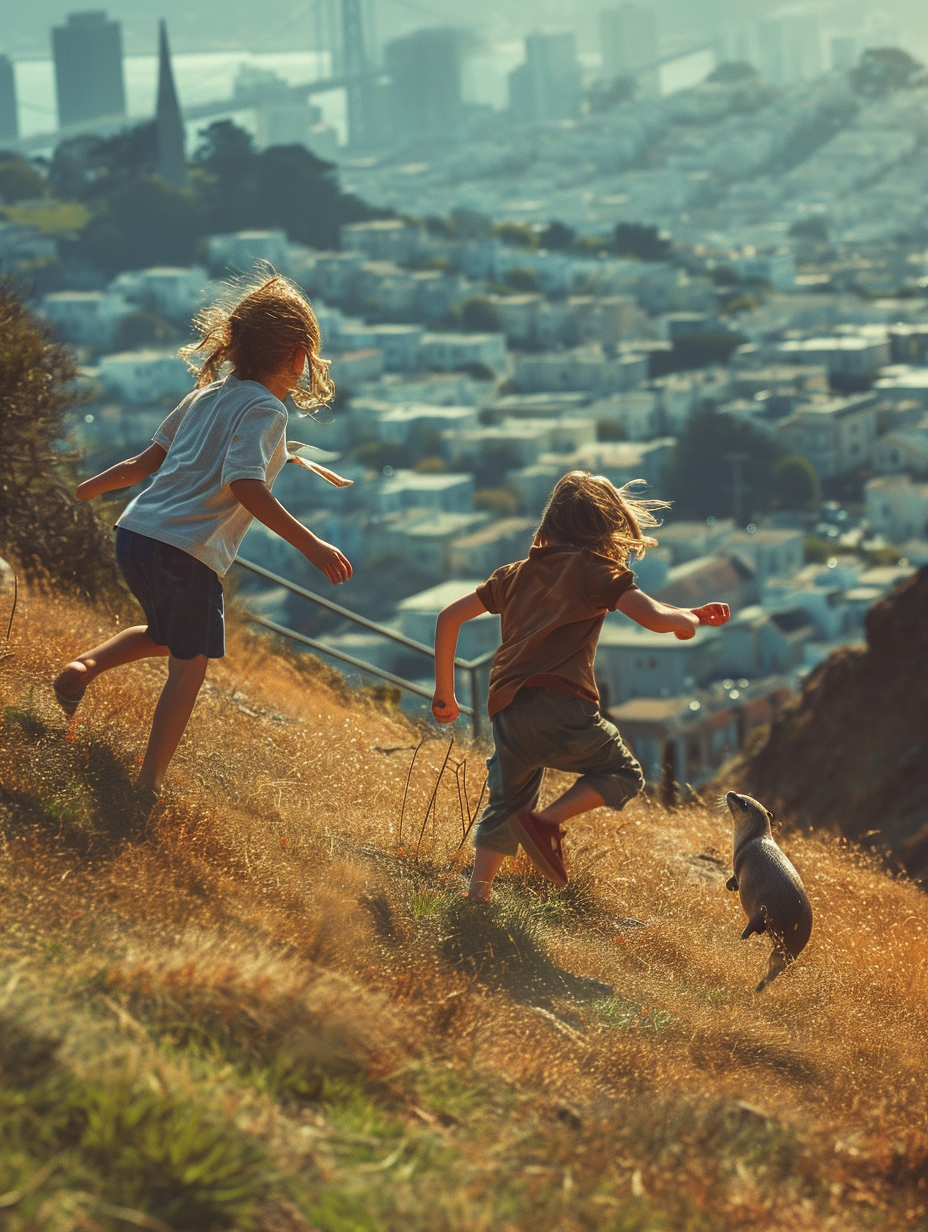 Kids running up San Francisco hill chasing otter