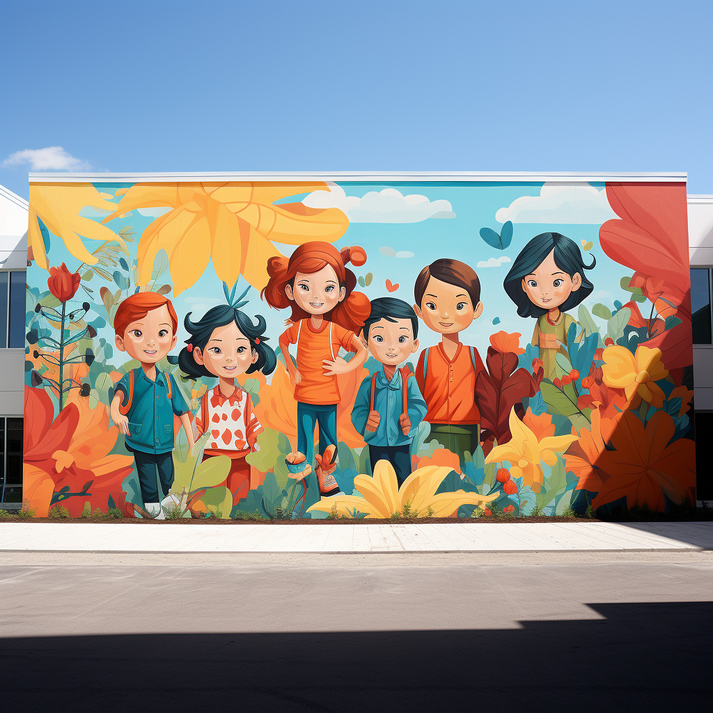 Colorful mural of kids at school