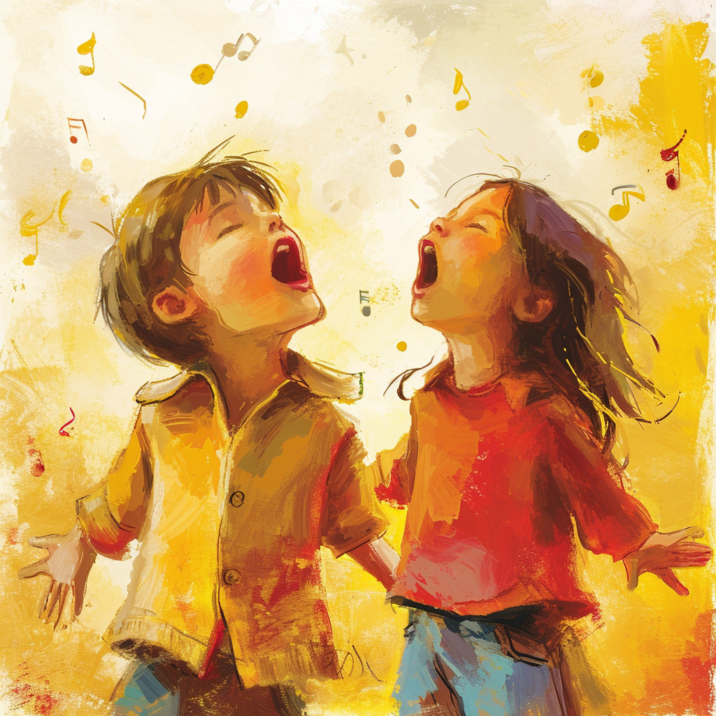 Kids singing songs illustration in yellow and red