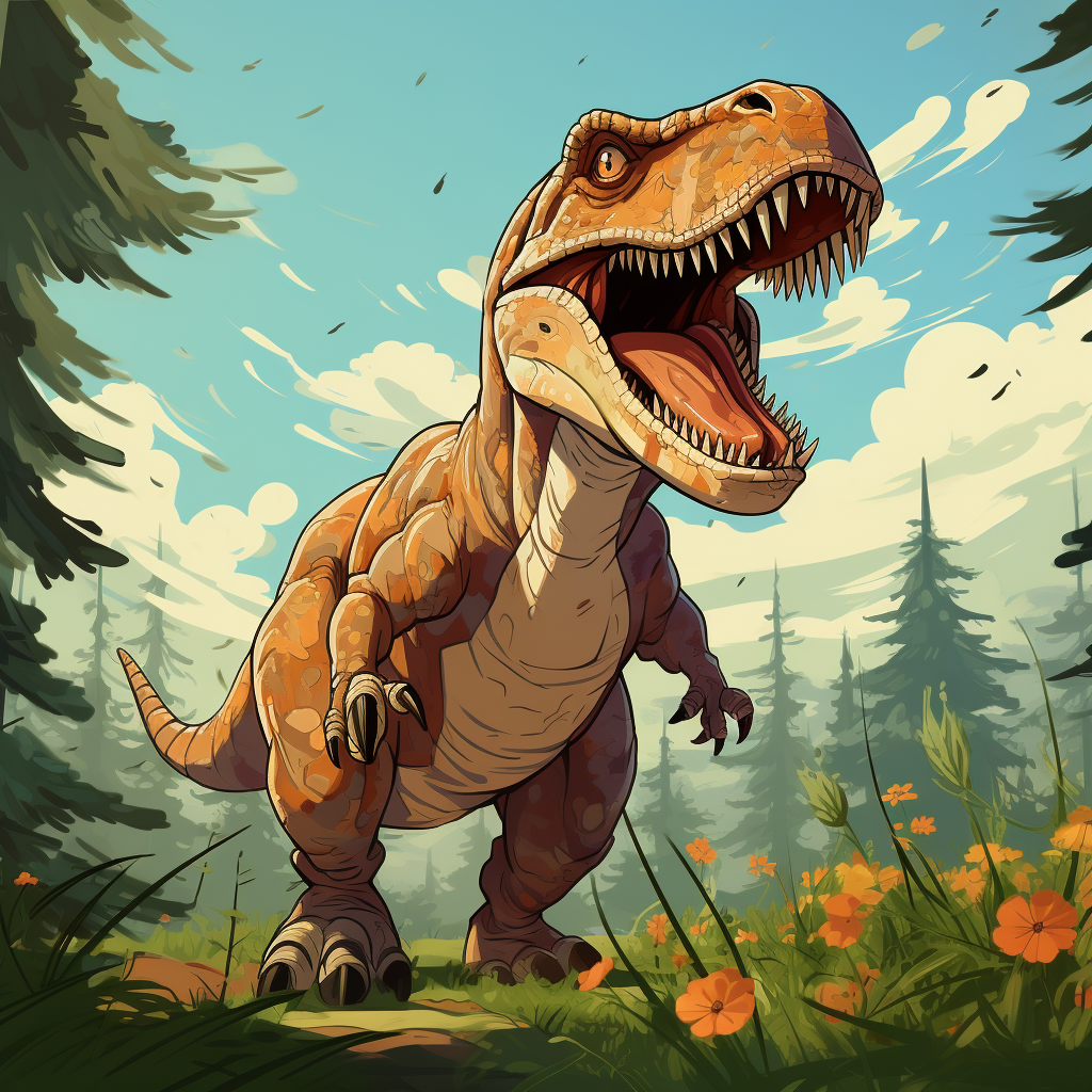 Cartoon-style kids tyranosaurus in forest