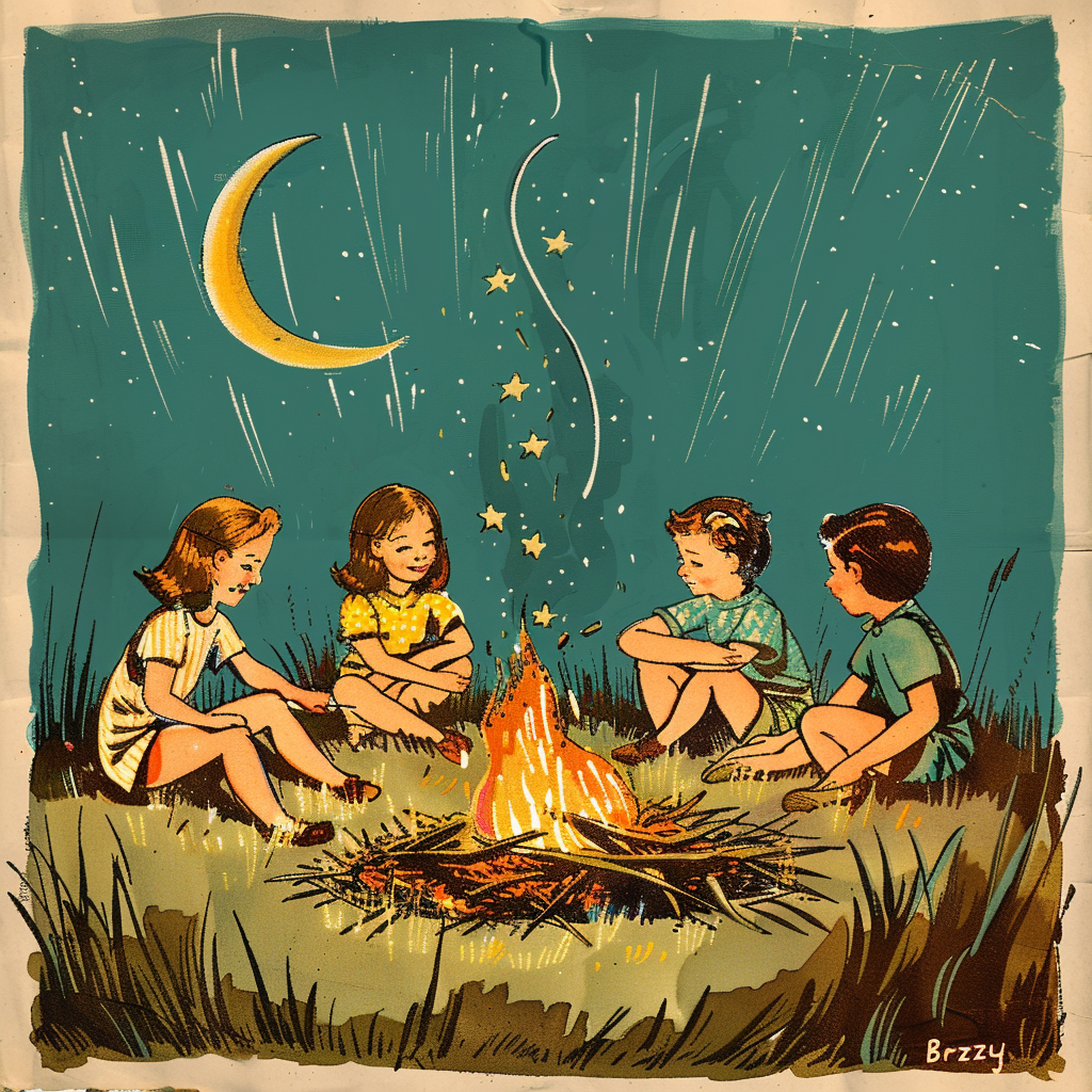 Kids sitting around campfire