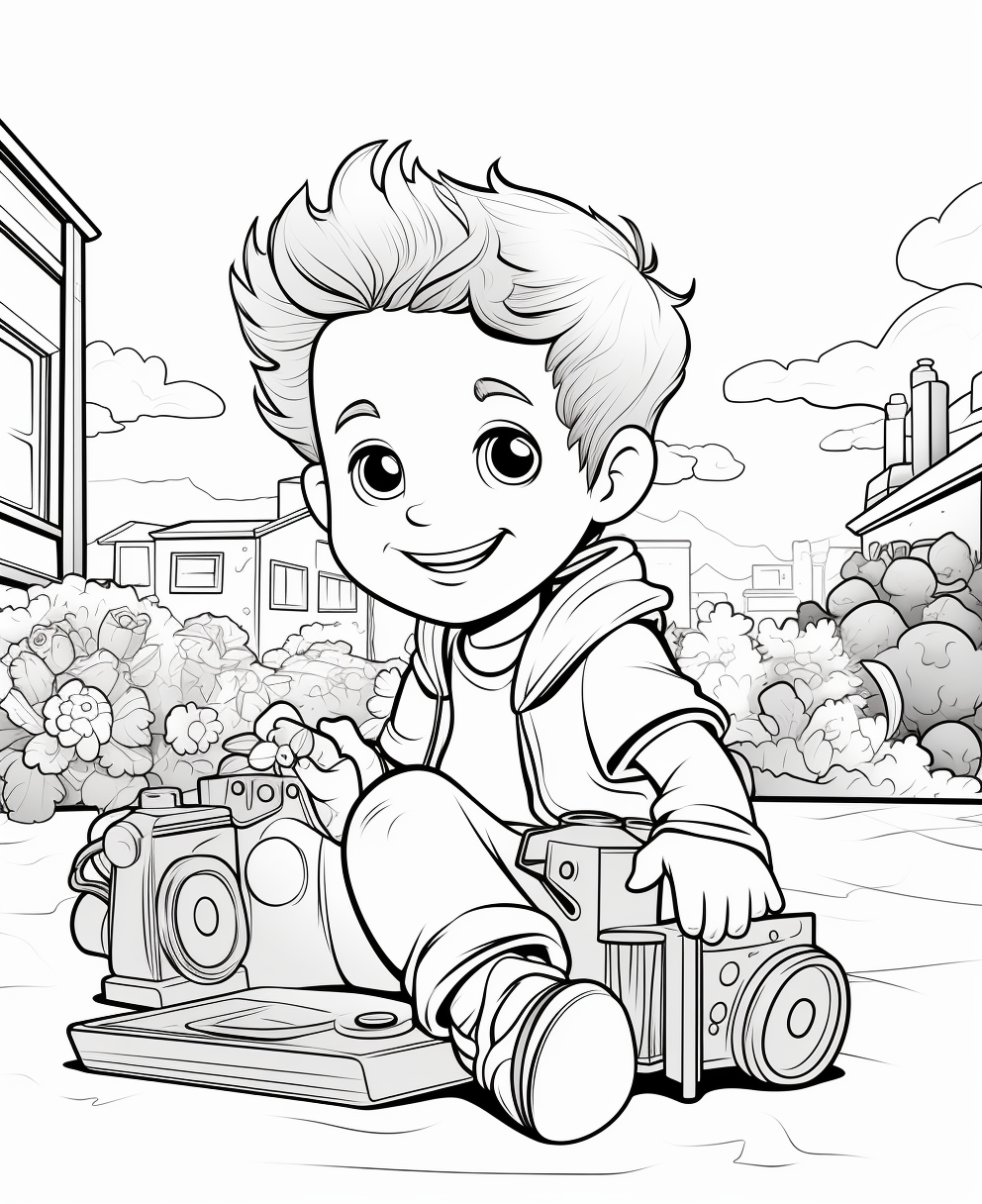 Cartoon illustration of little boy filmmaker coloring page