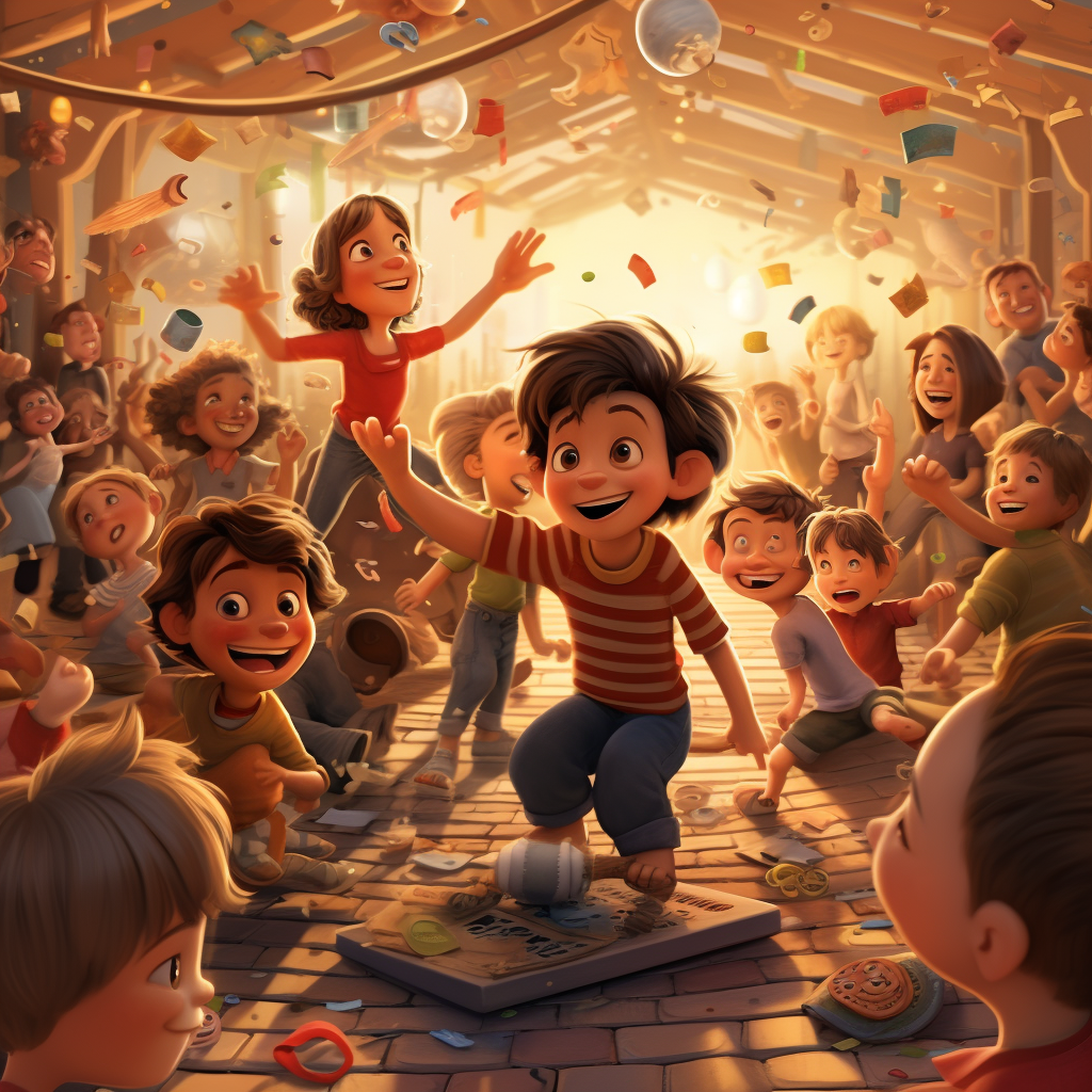 Beautiful illustration of kids dancing and playing in a fantasy land