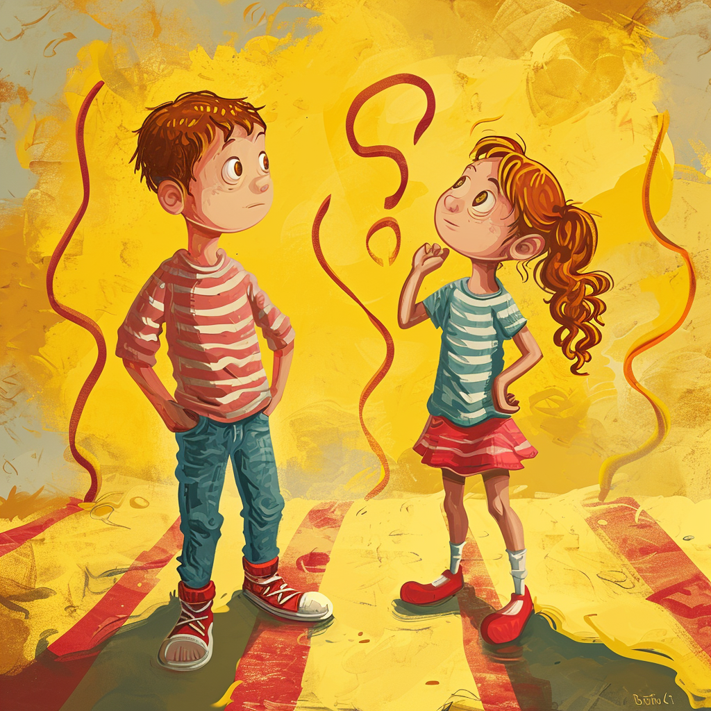 Kids guessing game illustration in yellow and red