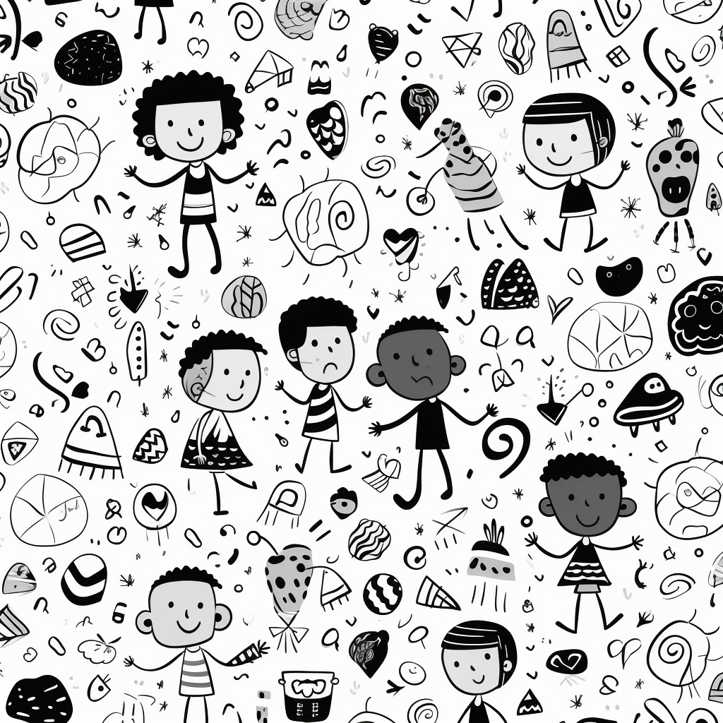 Hand-drawn line art of kids expressing various emotions