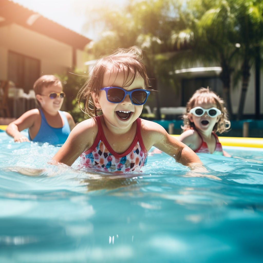 Kids enjoying summer in a swimming pool.