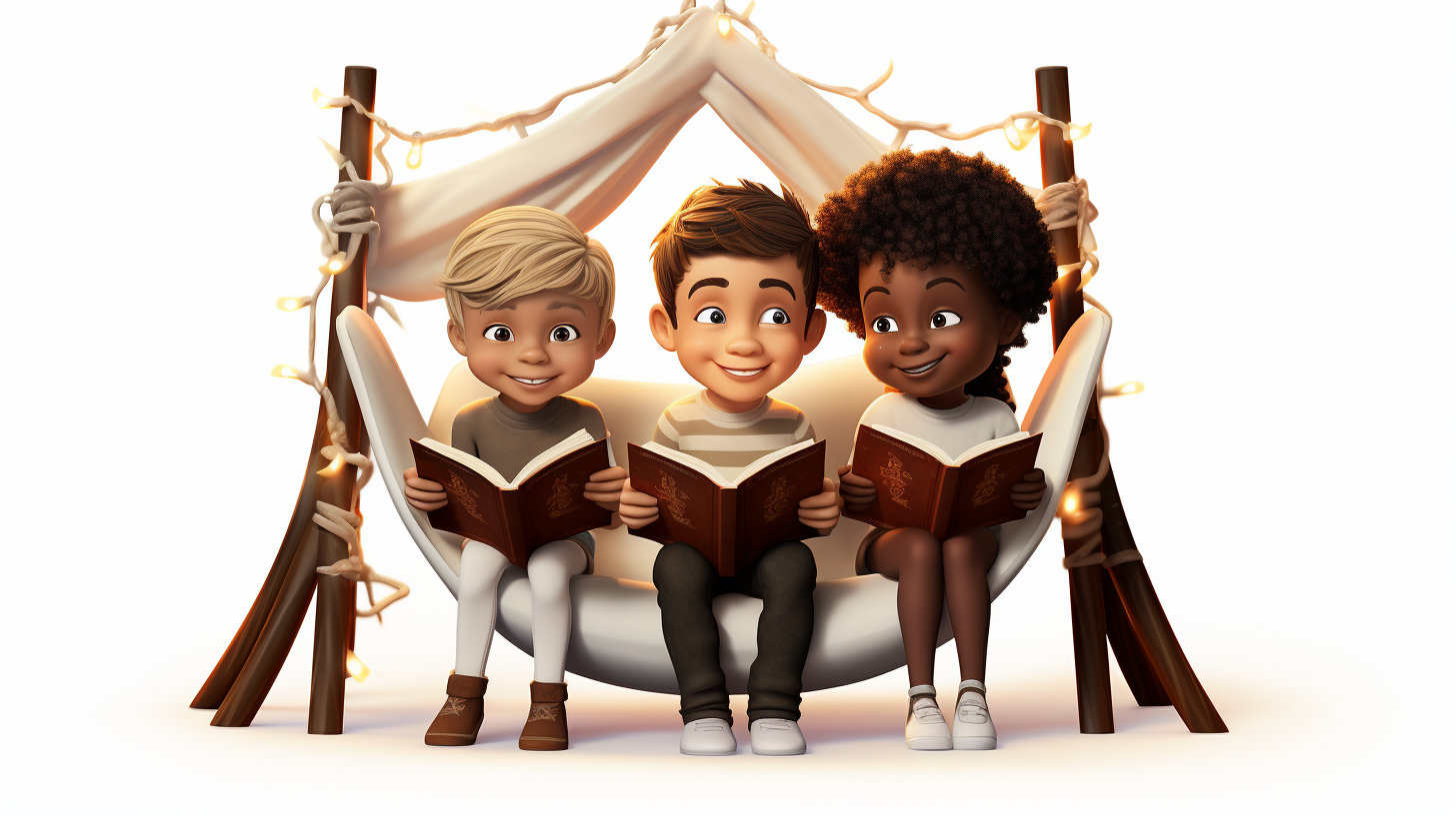 Three kids reading a book