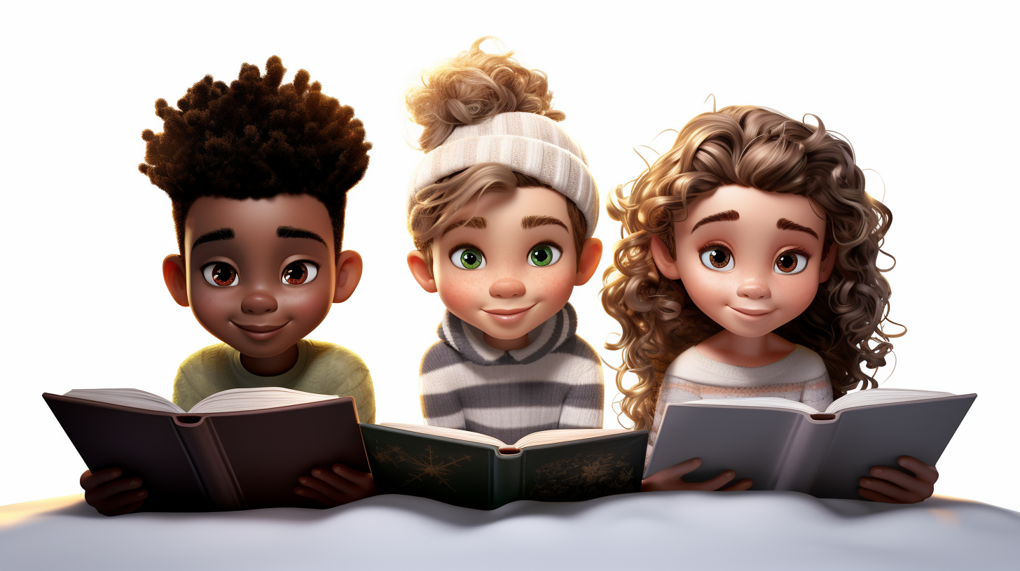 Three children happily reading a book