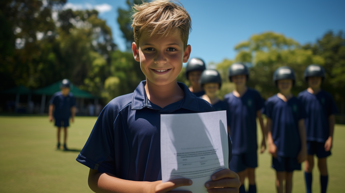 Smiling kid from New Zealand with sport certificate