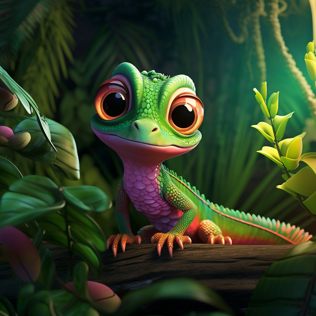 Cute chameleon in green jungle animation