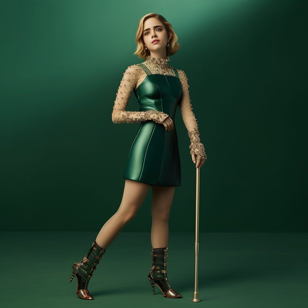 Kiernan Shipka with green mermaid tail and crutches