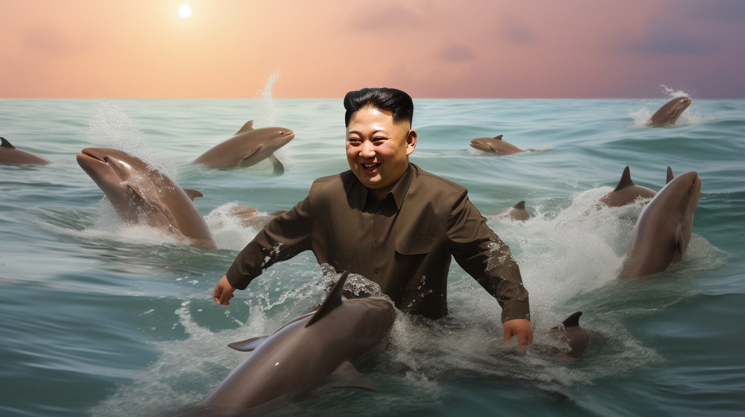 Kim Jong Un swimming with dolphins