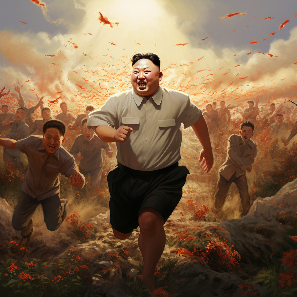 Kim Jung Un running from angry mob of women