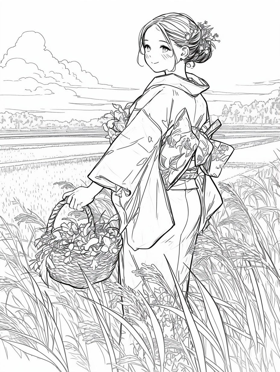 kimono girl coloring book with thick lines, vegetables basket