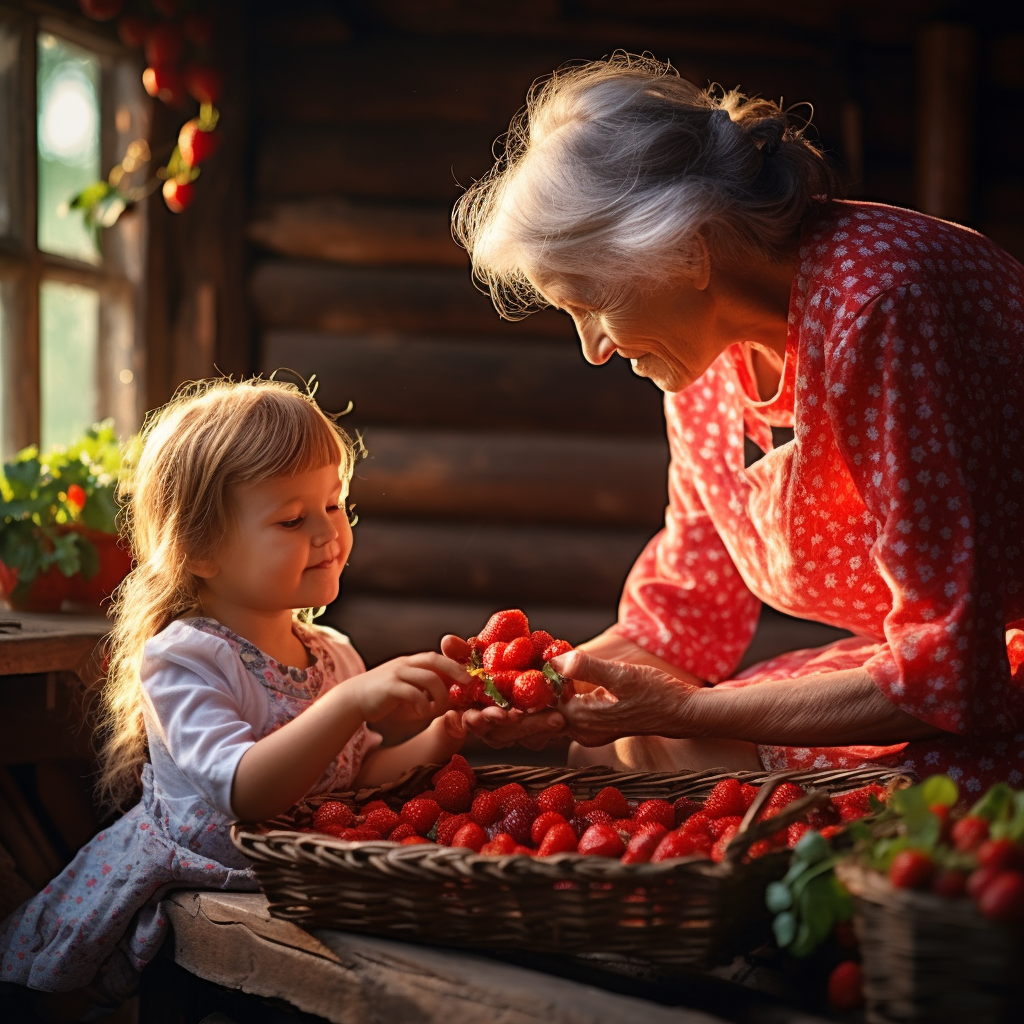 Kind Grandmother Teaching Granddaughter to Pick Strawberries