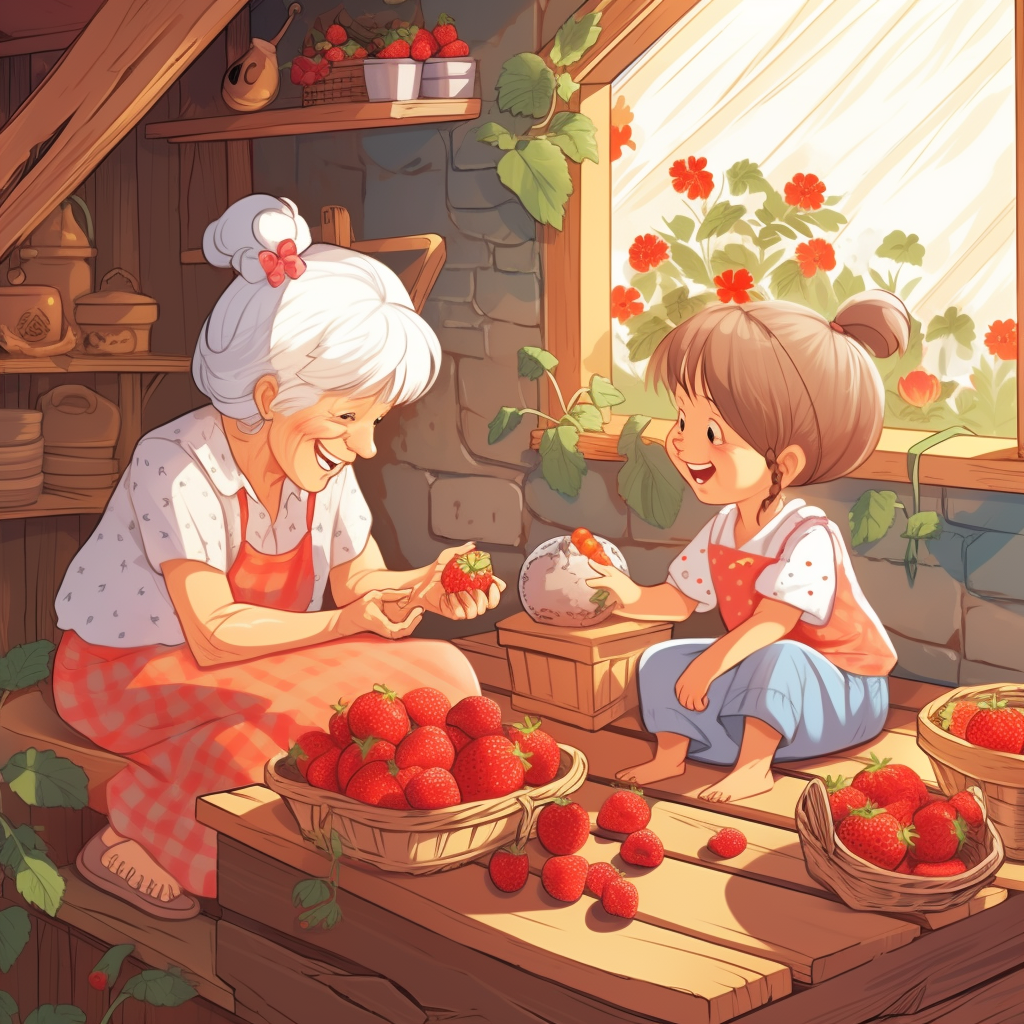 Kind grandmother teaching granddaughter picking strawberries