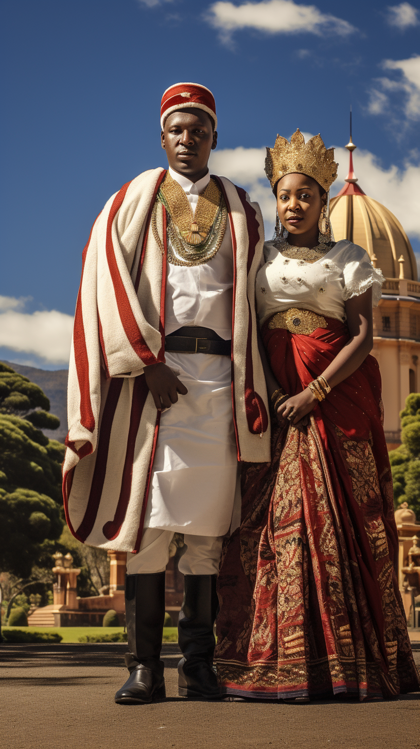 King of Eswatini and his wife in front of the palace