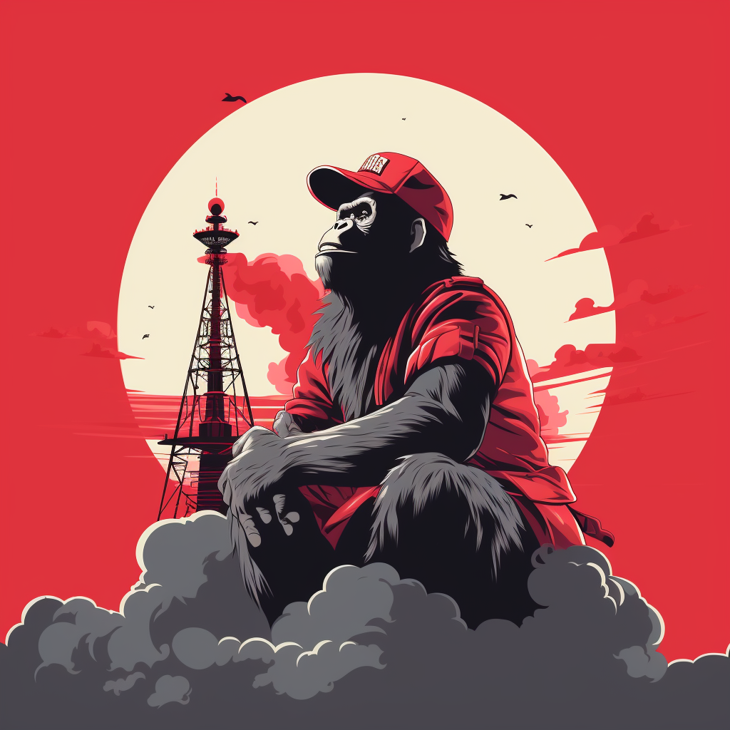 King Kong on antenna wearing red beret