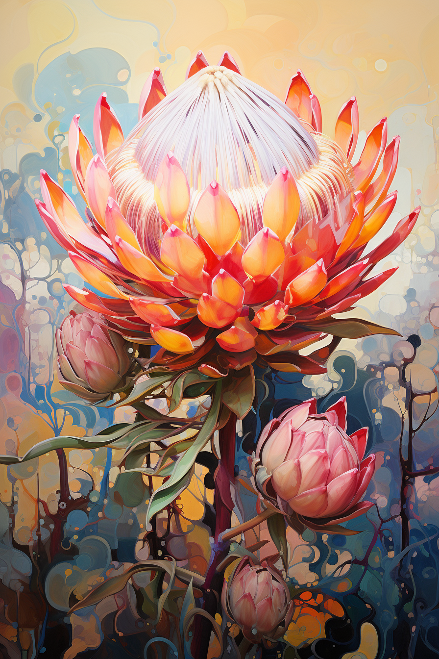 Vibrant painting of a King Protea flower