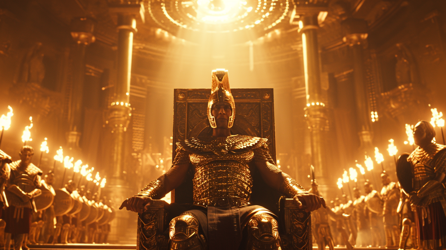 King Xerxes Smiling on Throne